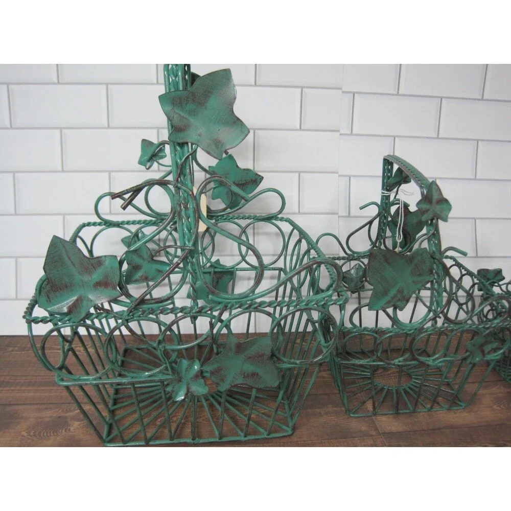 Lot of 3 Vintage Metal Wire Nesting Baskets Ivy Leaves w/ Handle NOS